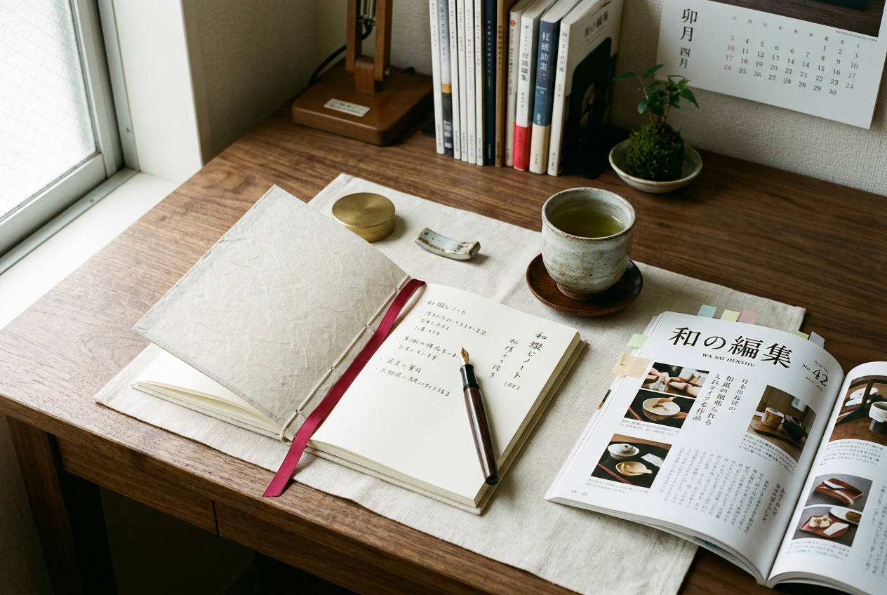 木製デスクと日本茶と開かれたノート
